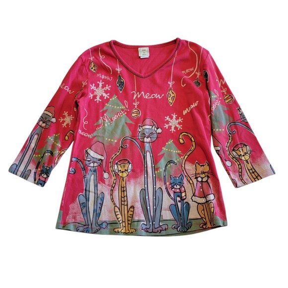 Jess & Jane Artsy Abstract All Over Christmas Cat Pop Art Top Women's S USA - Picture 1 of 9